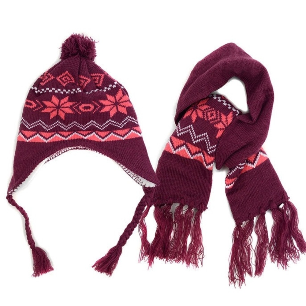 Winter Knitted Ear Flap Lined Snowflake Beanie Scarf